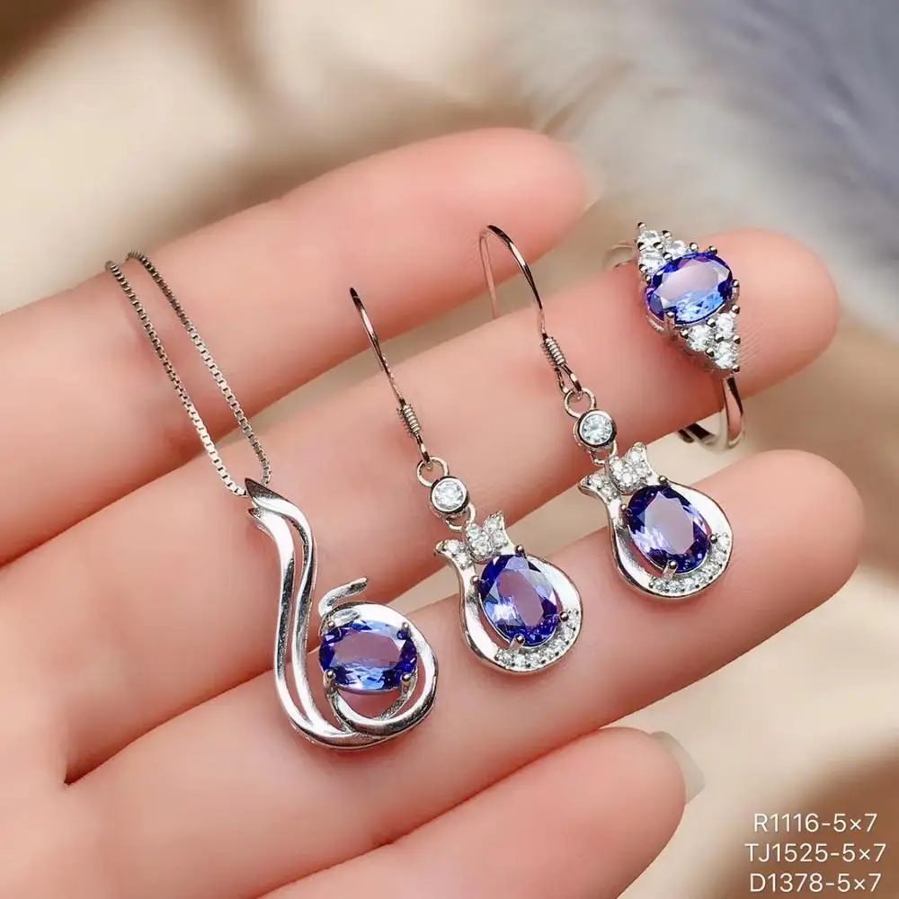 Real Natural Tanzanite jewelry set Natural Real Tanzanite 925 sterling silver 1pc pendant,1pc ring,2pcs Earring