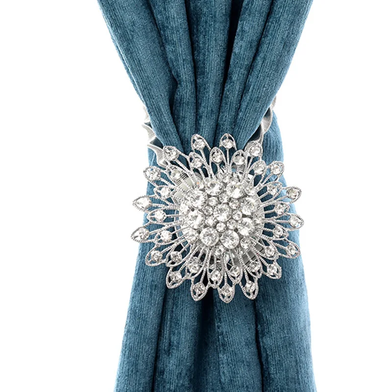 Diamond Magnetic Curtain Tieback Clip Hanging Crystal Big Flower Curtain Buckle Tensile Spring Curtain Accessories Home Decor