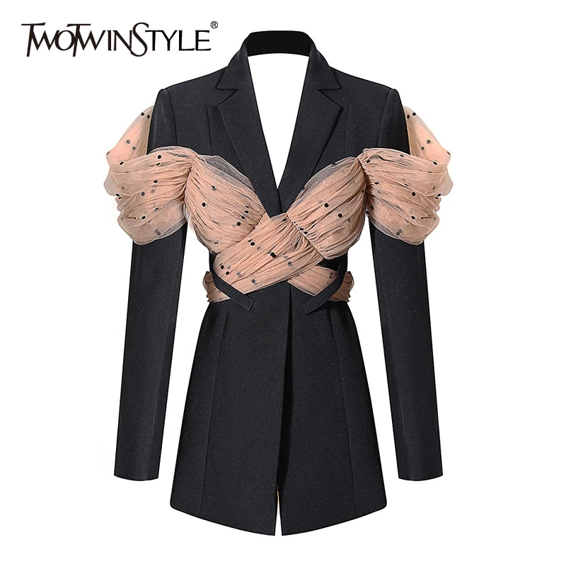 

TWOTWINSTYLE Casual Patchwork Dot Mesh Blazer For Women Notched Long Sleeve Backless Blazers Female Fashion New Clothing 2022