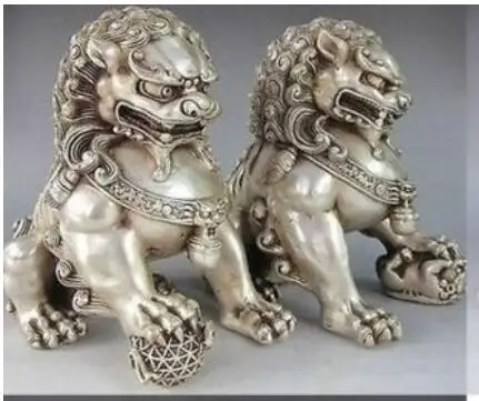 

white copper A Pair of Rare Fu Foo Dogs Lion Tibet Silver Sculpture Guardian Lion Foo Fu Dog Statue decoration outlets