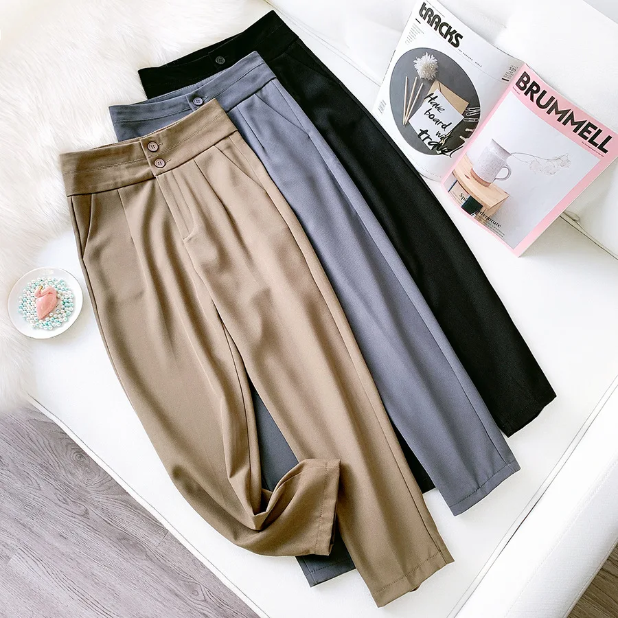 

2020 Elegant Suit Pants Women's Straight Capri Casual Pants High Waist Slimming Drape Drainpipe Jeans Khaki Black Woman Pants