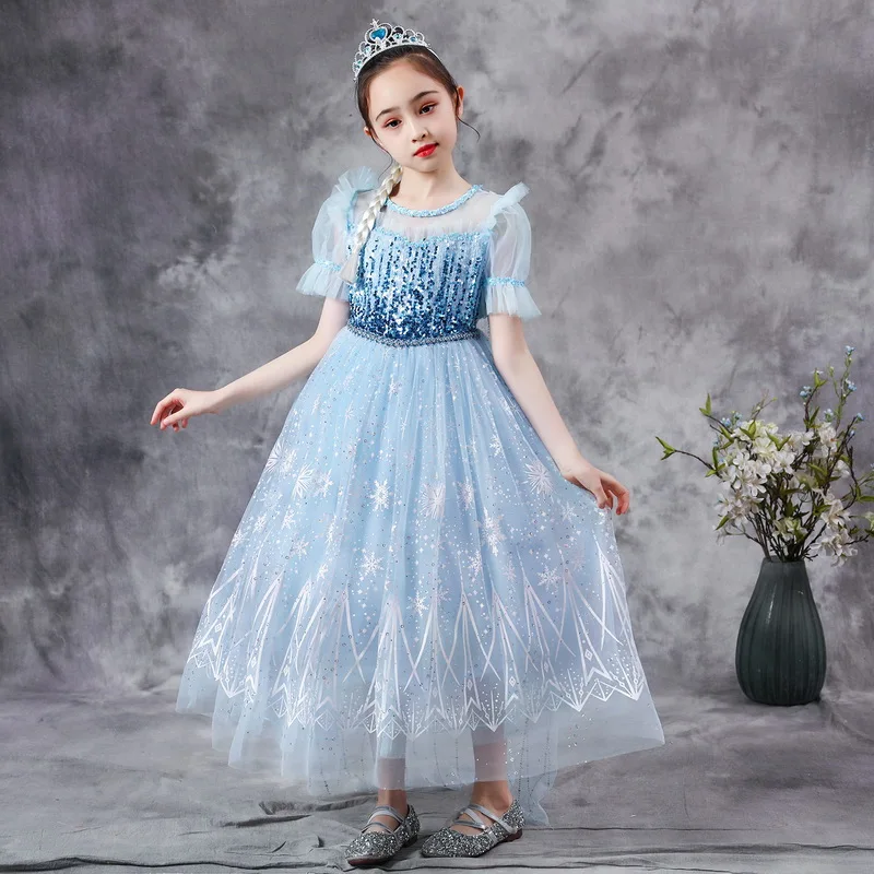 Schnee Mädchen Kleid Prinzessin Kostüm Kinder Blau Pailletten Mesh Lange Kleid Halloween Kinder Schnee Königin Cosplay Karneval Kleidung