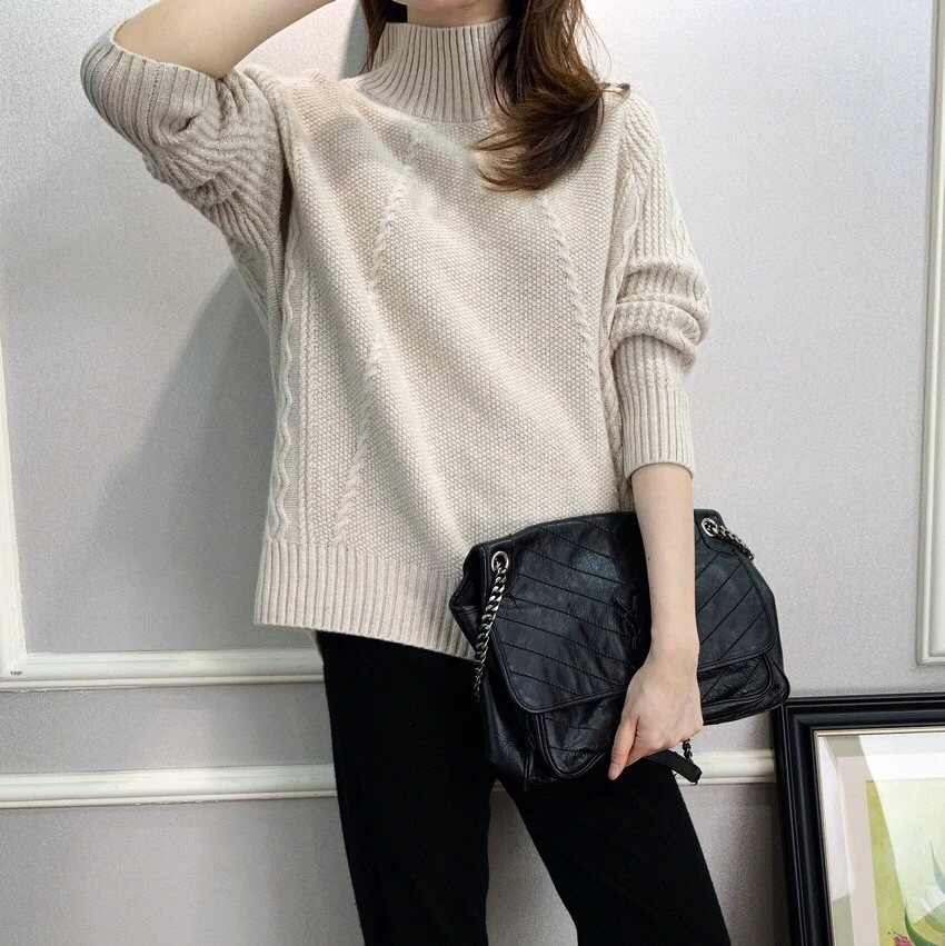 sweater women half high neck loose 100% wool knitted sweater pullover large Solid color size sweater women Spring/Autumn/Winter