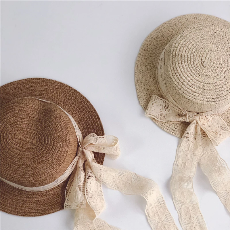 Summer Baby Straw Hat Cute Breathable Lace Cord Beach Sun Hat Girls Boys Wide Brim Windproof Solid Color Cap