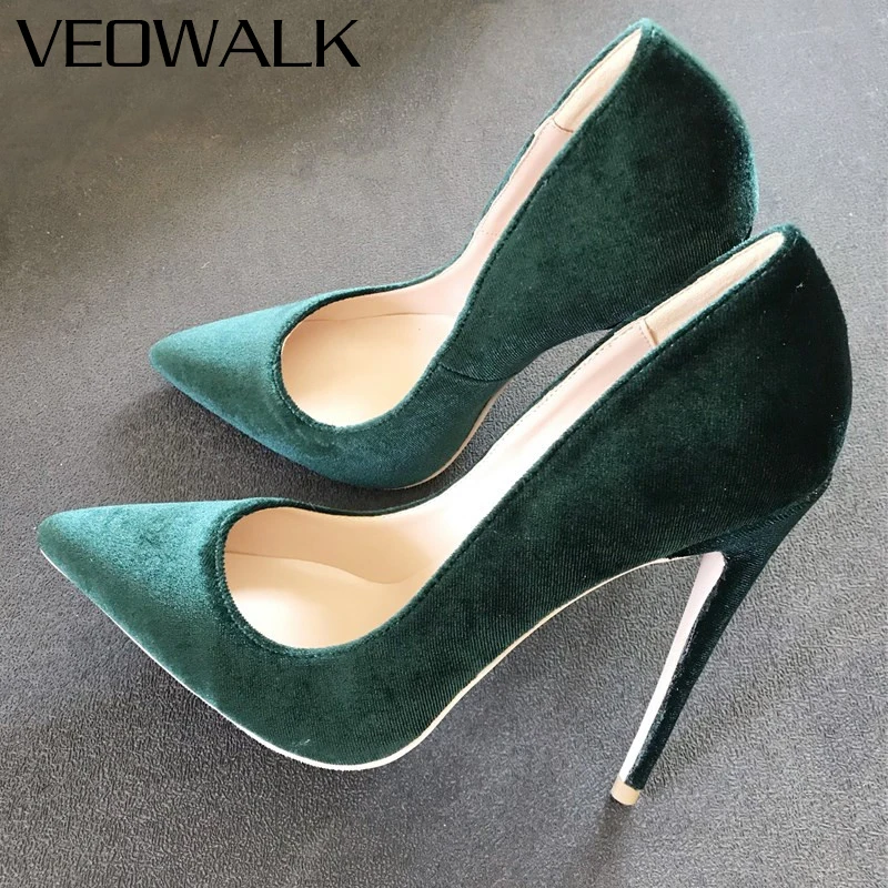 Veowalk Elegant Women Plain Flock Pointy Toe Stiletto Pumps Classic Ladies Basic High Heel Dress Shoes Customize Green Purple