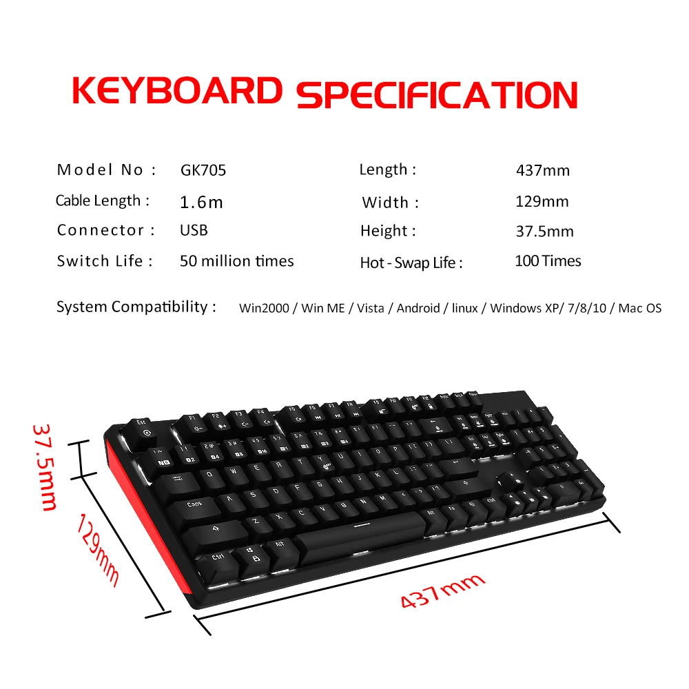 HEXGEARS GK705 기계식 키보드 RU/EN ABS 키 캡 104 키 Kailh 스위치 PC 용 핫 스왑 가능 전문 게임용 게이머 키보드 썸네일 6