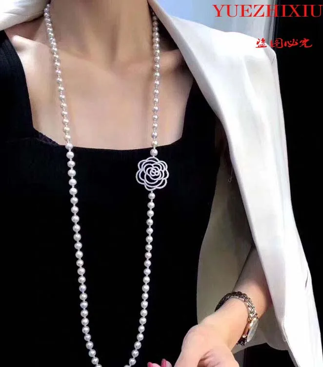 Natural 7-8mm fresh water pearl necklace sweater chain long rose round pearl sweater 32inch