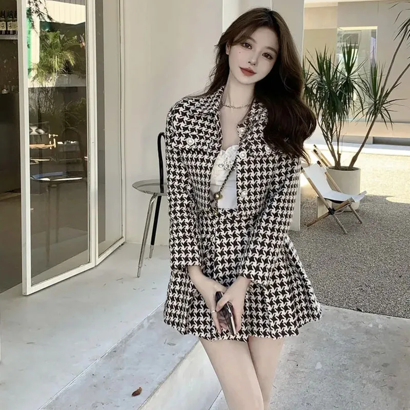 Small Fragrance Style Elegant Tweed 2 Piece Set Women Vintage Houndstooth Cropped Jacket + Pleated Mini Skirt Suits Sexy Outfits