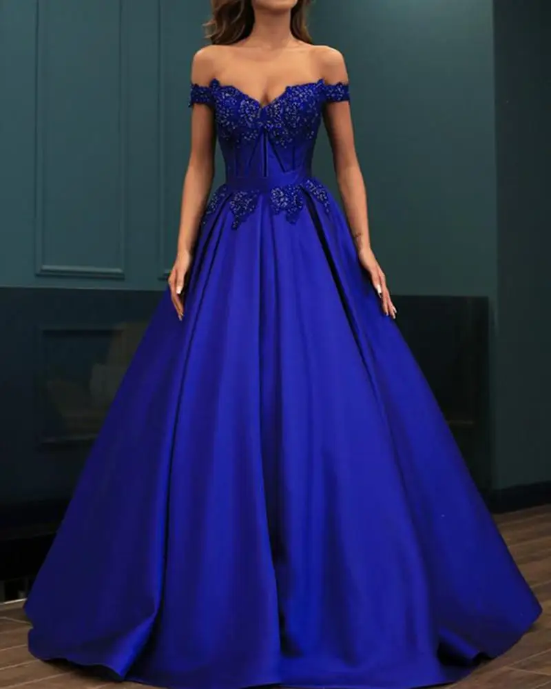 Royal Blue Prom Gaun Satin Lace Beaded Wanita Gaun Malam Pertunangan Pesta Gaun Sayang Tanpa Tali Garis Menyesuaikan