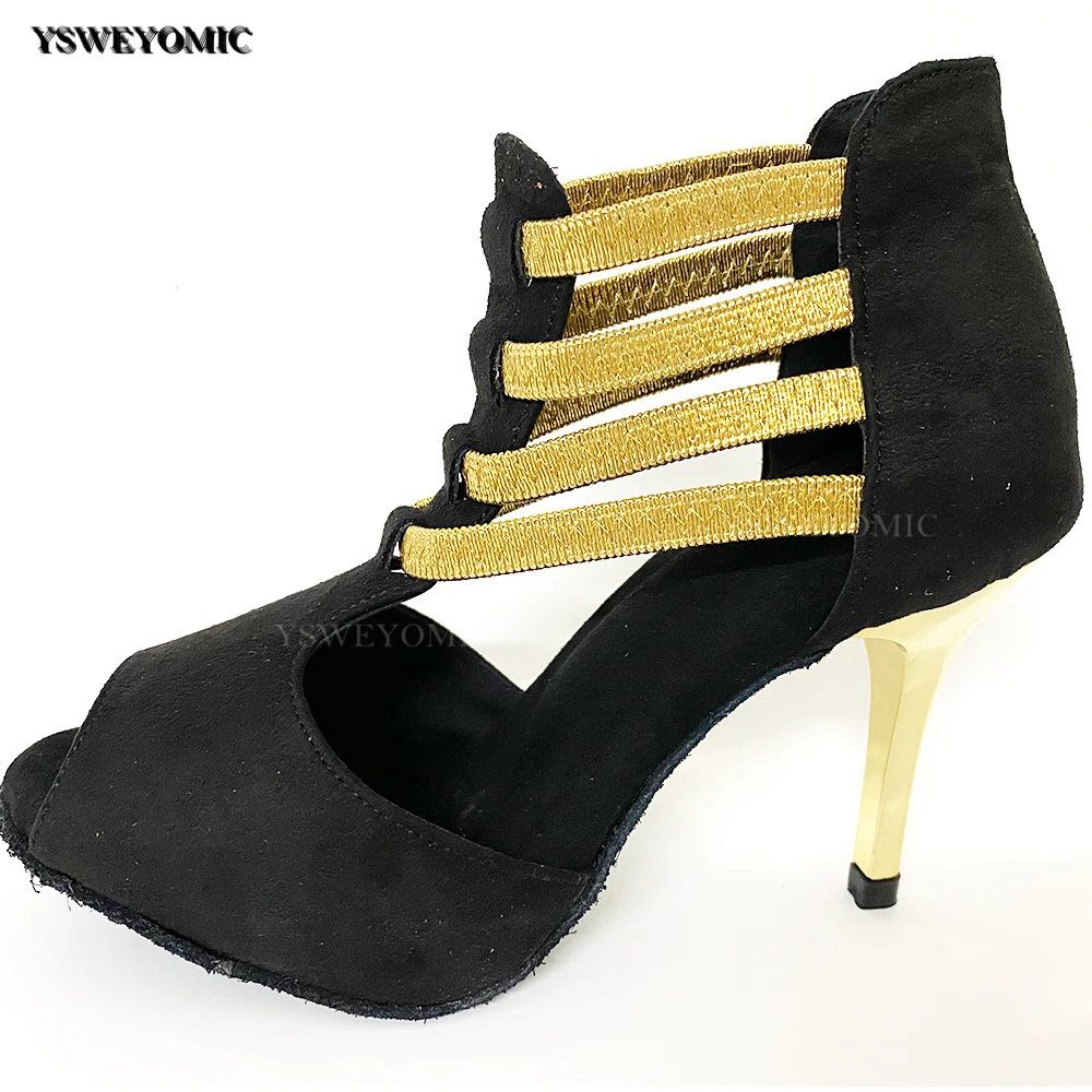 Zwart Rood Bachata Salsa Dansen Schoenen Met Gouden Hakken 3.5Inch 3Inch Zachte Binnenzool Suede Party Latin Salsa Vrouwen dans Booties