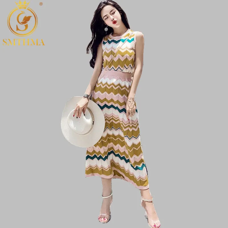 SMTHMA 2024 New Style Sleeveless Colorful wavy Sweater Top +2pcs Casual Knitting Suits Women Trendy Spring Set