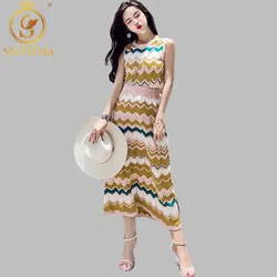 SMTHMA 2024 New Style Sleeveless Colorful wavy Sweater Top +2pcs Casual Knitting Suits Women Trendy Spring Set