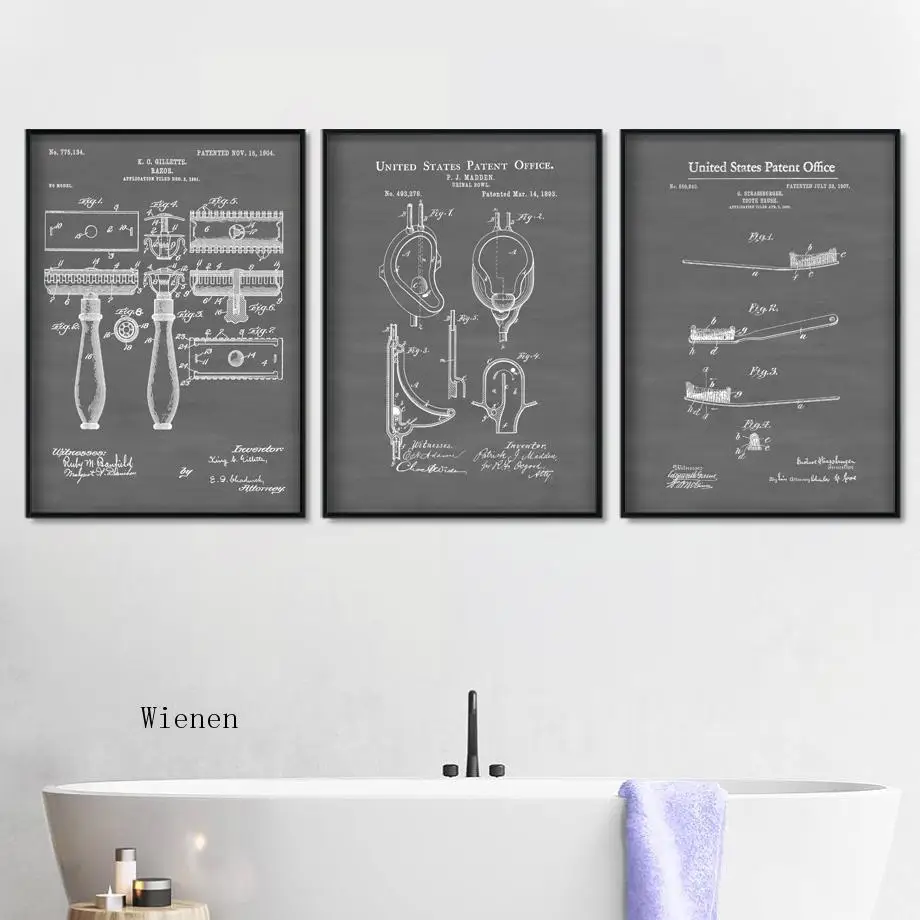 Black and White Poster Gun Shaver Toothbrush Patent Wall Art Canvas Painting and Prints Pictures for Bathroom Man Cave Decor