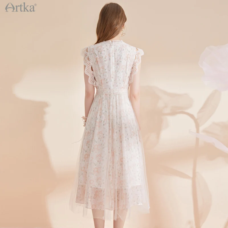 ARTKA 2021 Summer New Women Dress Elegant Floral Mesh Chiffon Long Dresses Hollow Out Lace O-Neck Flying Sleeve Dress LA25213X