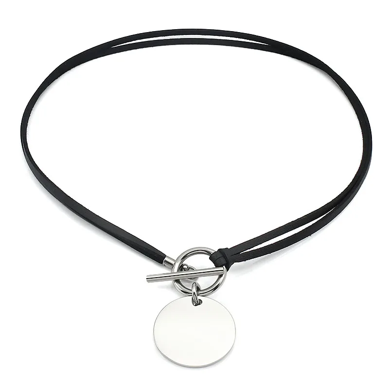 Women Genuine Leather Wax Cord Choker Necklace Stainless Steel Round Pendant Necklace Silver Color Lock Customed Name Necklace