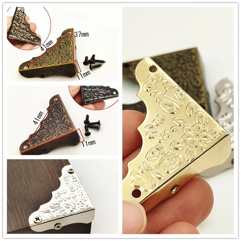 Hot New 8pcs Iron Antique Brass Corner Brackets Jewelry Wine Gift Box Wooden Corner Protector Guard Furniture Hardware+Screws