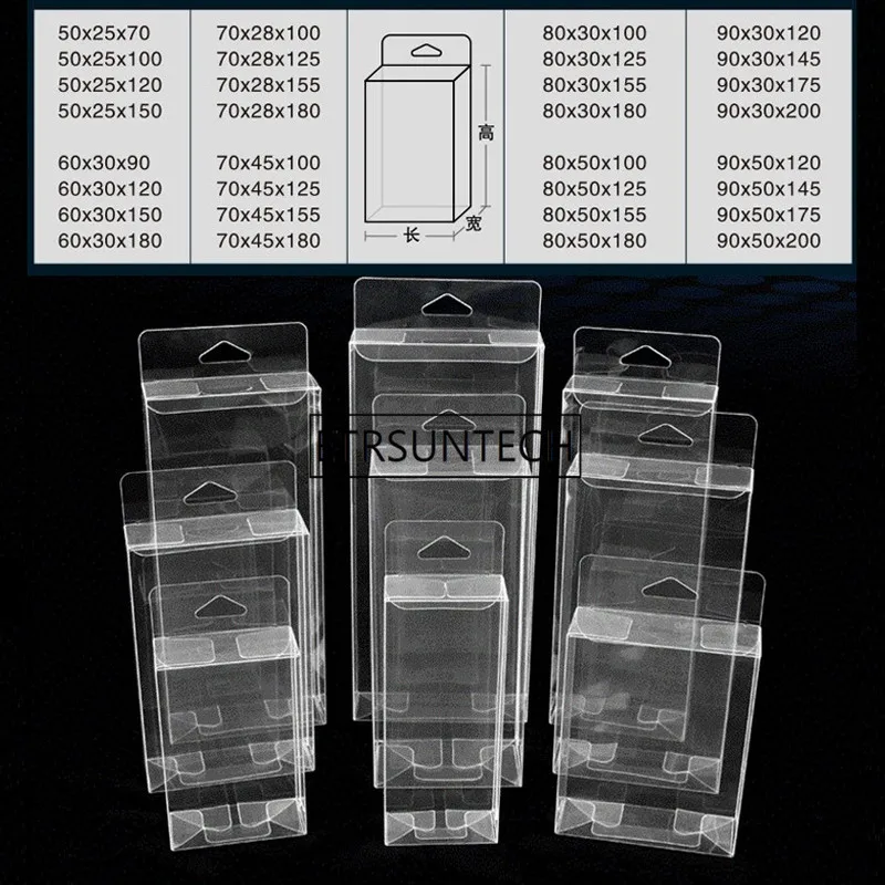 200pcs/lot PVC Clear Plastic Packaging Boxes with Hang Hole Small Craft Gift Wedding Party Favor Transparent Package Box 32 Size