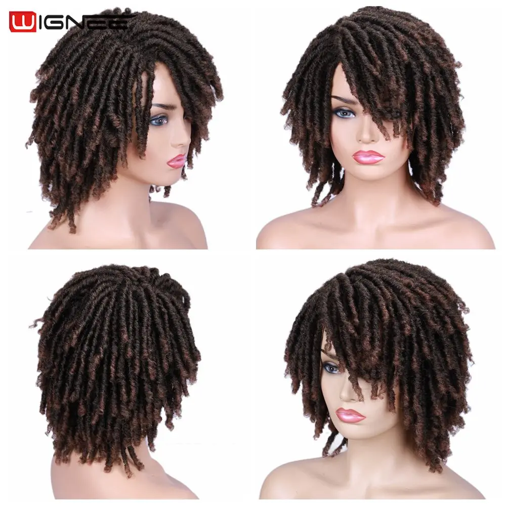 Wignee Short Soft Brown Synthetic Wigs For Women Faux locs Afro Kinky Curly Braiding Hair With Bangs Crochet Twist Hair Wigs