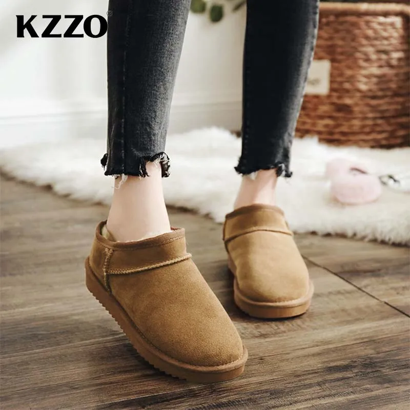 KZZO Classic Sheepskin Suede Leather Snow Boots For Women Natural Wool Fur Lined Short Mini Winter Warm Shoes Non-slip Maroon