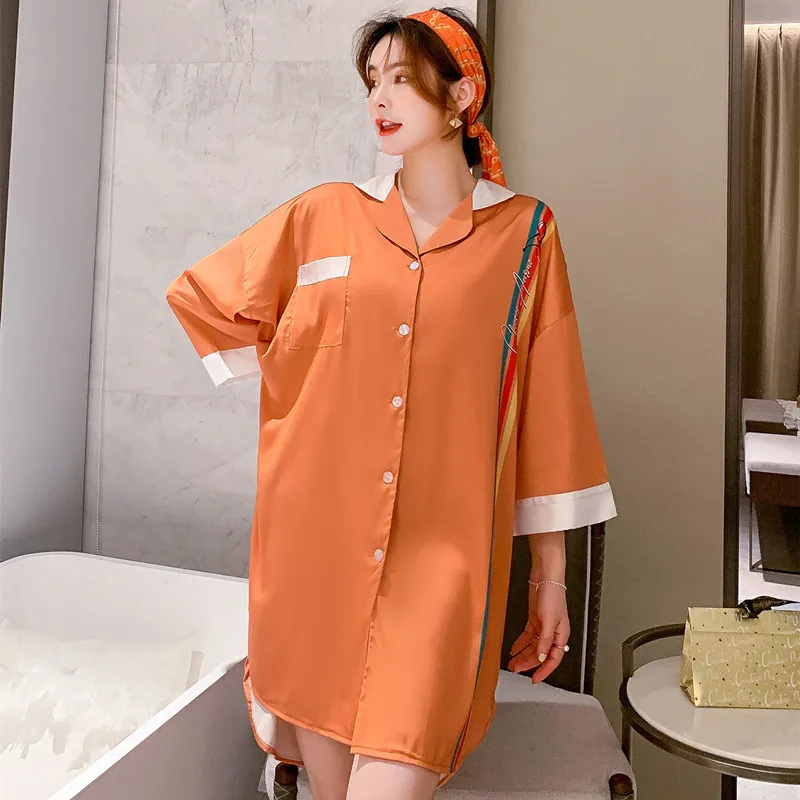 Women Casual Sleep Shirt Print Satin Nightgown Sleepwear Loose Nightdress Intimate Lingerie Summer New Lounge Wear Homewear