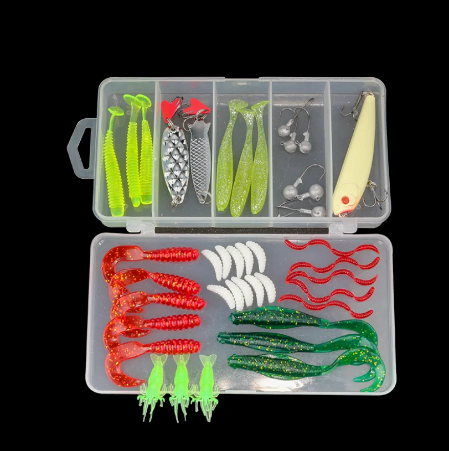 41pcs/Box Fishing Lure Soft Bait Sandworm Bread Worm Vibe Jig Lead Head Hook Bionic Fake Fish Luya Bait Accessories Set for Bass