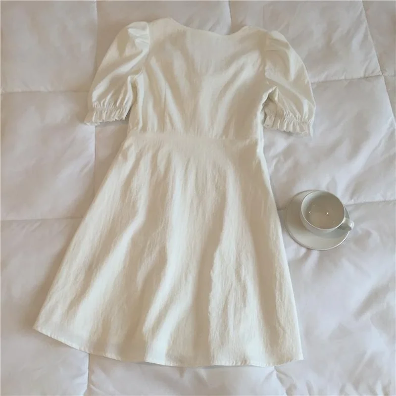 여성용 스퀘어 칼라 드레스, 홀리데이 레이디 선드레스, 사이드 슬릿 디자인, 순수 여름 섹시 패션, 빈티지 프렌치 스타일, 심플한 하이웨이스트