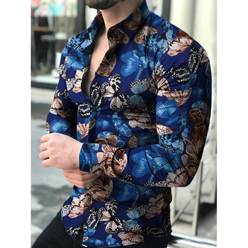 Branches Butterfly Abstract Pattern 3D All Over Printed Hawaiian Casual Button Up Dress Shirts Full Sleeve Streetwear Men Cloth