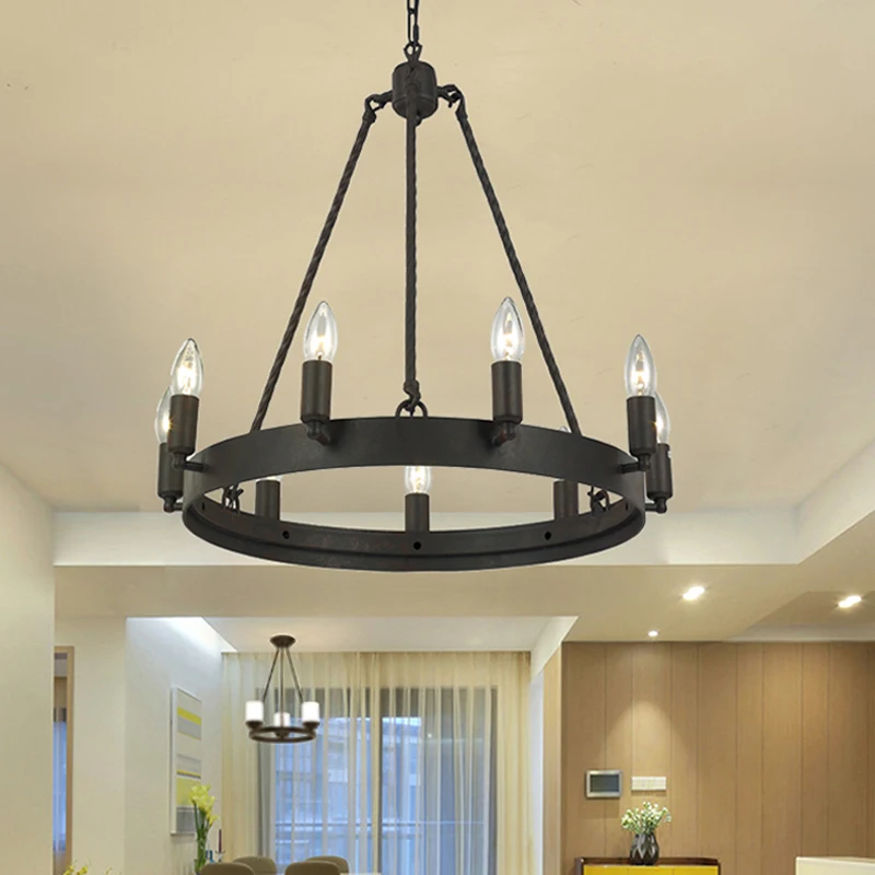 Black Chandeliers Industrial Iron Lighting Candle Light Hanging Ceiling Chandelier Fixture Dining Kitchen Bedroom Living Room