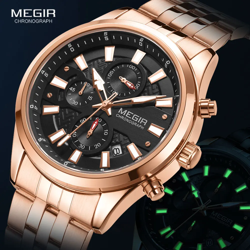 MEGIR Men\'s Watches 2020 Luxury Top Brand Wristwatch for Men Rose Gold Stainless Steel Strap Chronograph Quartz Watch Waterproof