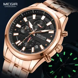 MEGIR Men's Watches 2020 Luxury Top Brand Wristwatch for Men Rose Gold Stainless Steel Strap Chronograph Quartz Watch Waterproof