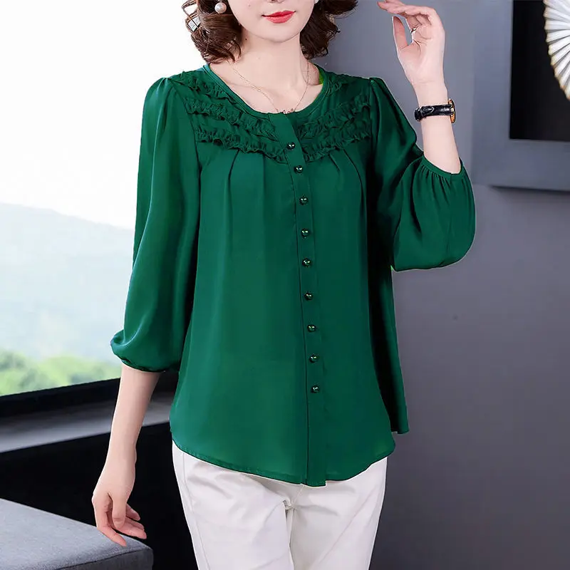 Oversized Nine Quarter Sleeve Chiffon Blusas For Mom Summer Causal Camisas Korean Fashion Top Chic Elegant Blouse Loose Shirt