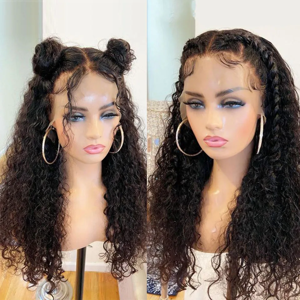 

26Inch Black Long Kinky Curly Synthetic Lace Front Wig For Women With Baby Hair Heat Resistant Fiber Hair Daily wig 180%Density