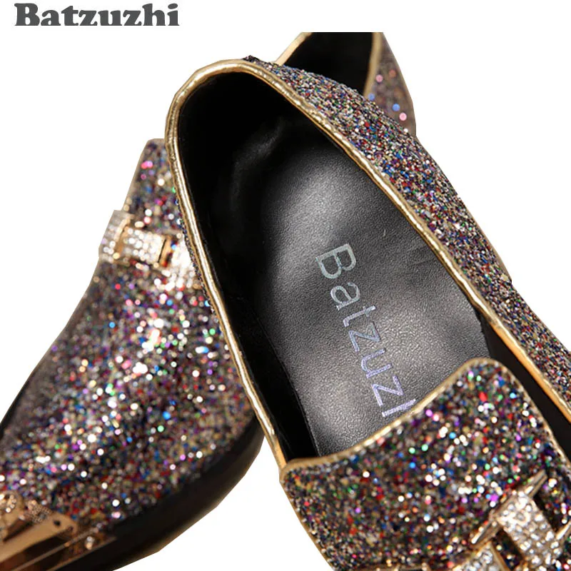 Batzuzhi 100% Brand New Men Shoes Handmade Pointed Gold Metal Toe Dress Shoes Men Shiny Wedding/Party Shoes Sapatos Masculino