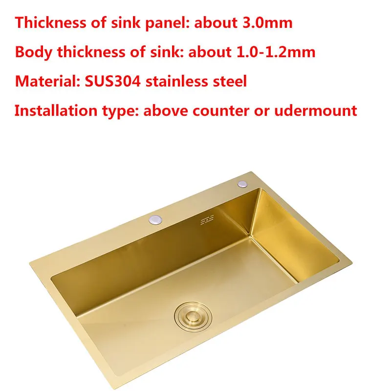 Gold Kitchen Sink Above Counter or Undermount 304 Stainless Steel Single Bowl Goldn Basket Drainer Soap Dispenser Washing Basin