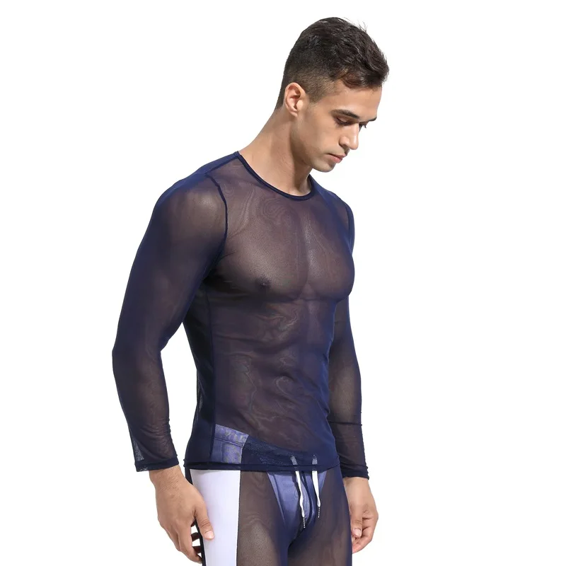 Men\'s Mesh Transparent Fishnet T Shirt 2020 Sexy New Long Sleeve Undershirts Men See-though Muscle Bodybuilding Sheer Tops Tee