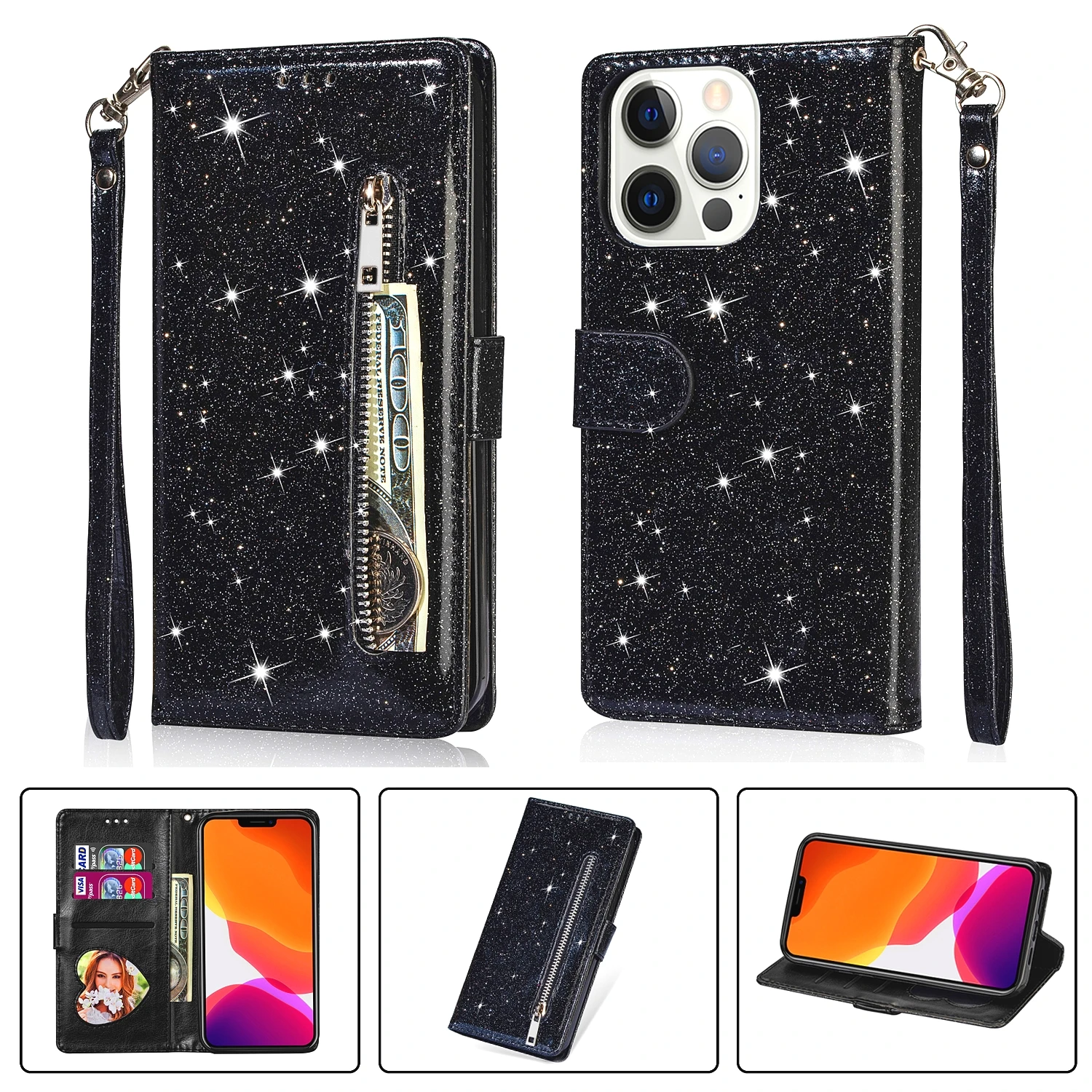 Reißverschluss-Flip-Brieftaschen-Hülle aus Glitzerleder für iPhone 18 17 16 15 14 13 12 11 Pro Max XS XR 8 7 Plus SE 16E Mini Bling Handyhülle – Detail 9