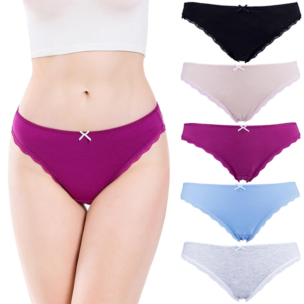 Charmleaks Women’s Fashion Cotton Underwear Lace Bikini Comfort Non-marking Briefs Bowknot Soft Elastic Mid-waist Briefs 5PCS