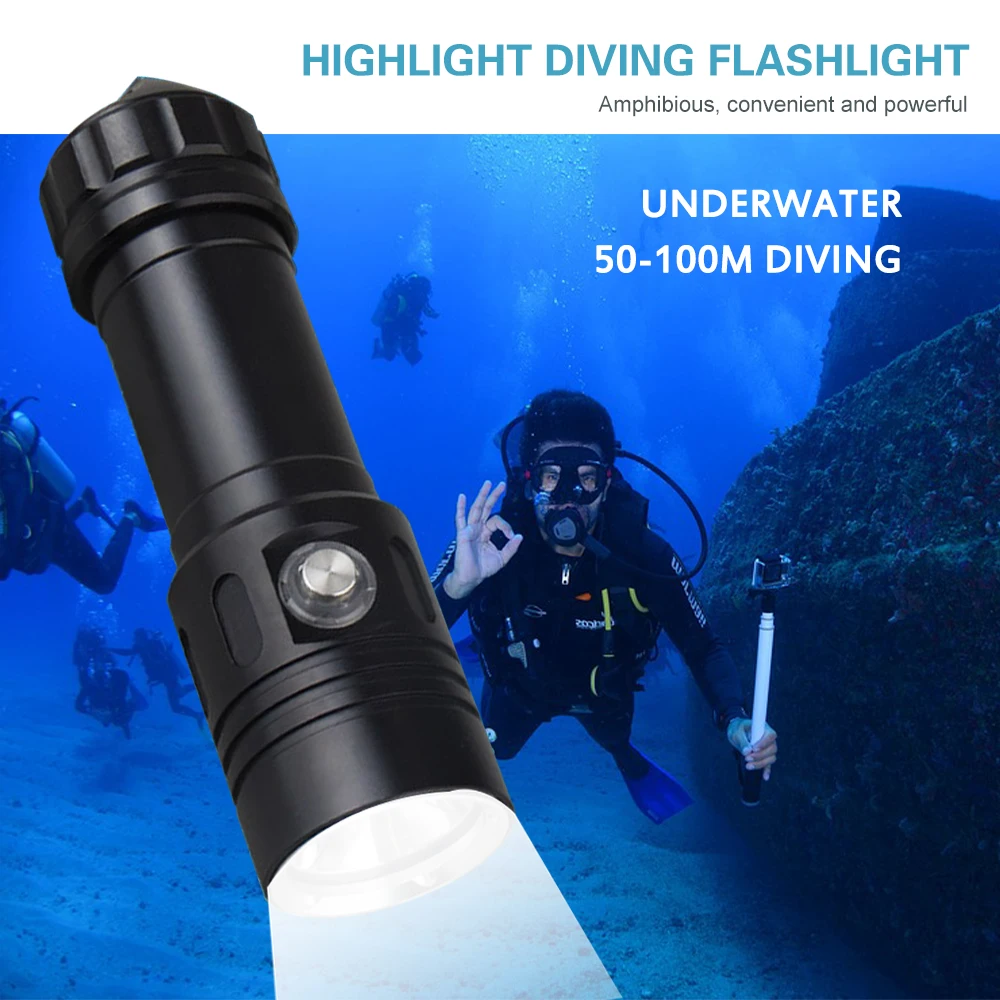 Asafee Flashlight L2/XHP50/70 LED Diving Flashlight 2000LM Rechargeable flashlight IPX8 Waterproof Torch Diving Lantern