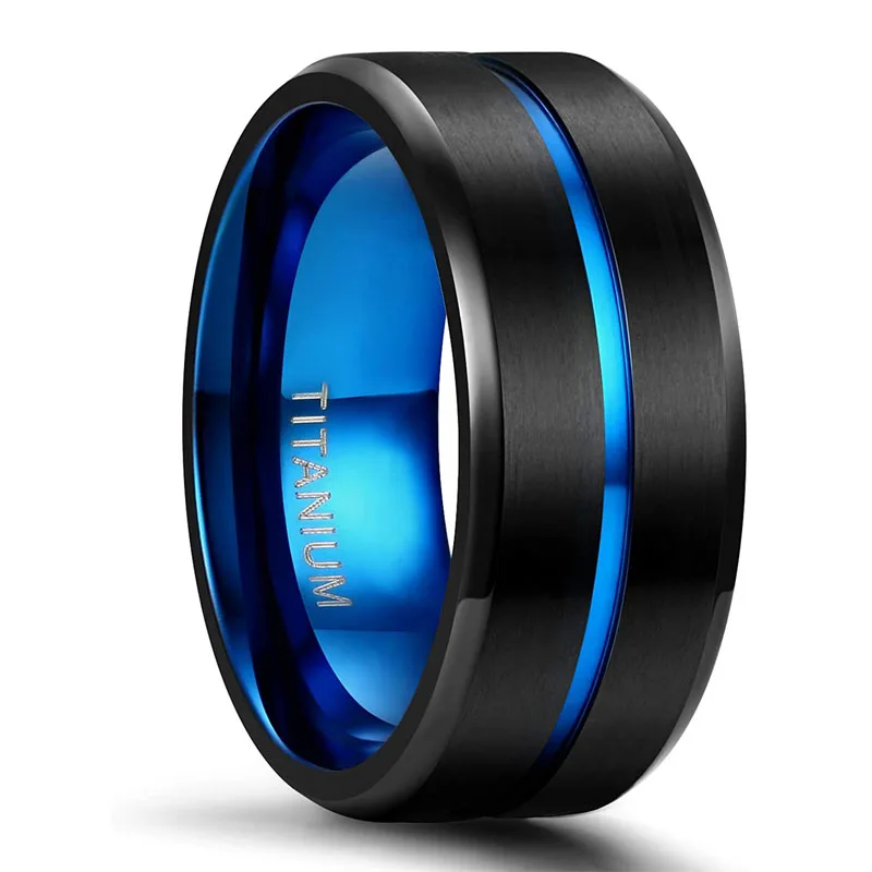 Kolmnsta Titanium Ring 6 mm 8 mm 10 mm Blue Center Groove Wedding Ring Comfortable Fit Matte Unisex