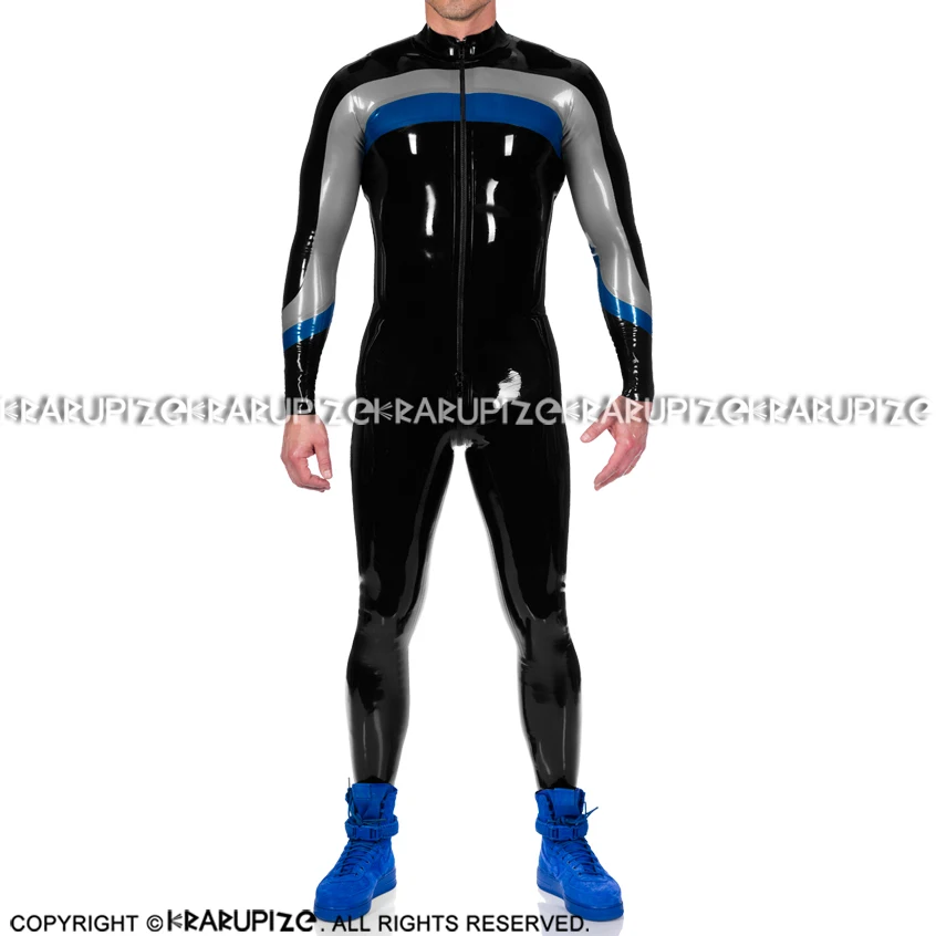 Black And Silver Blue Latex Catsuit With Feet Socks Front To Back Crotch Zippers Rubber Bodysuit Zentai Overall LTY-0279