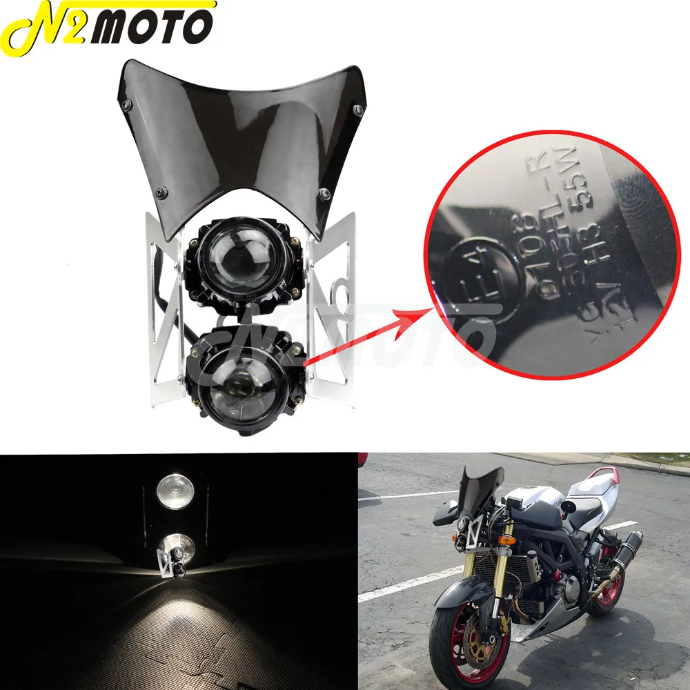 Universal Dirt Bike Twin Headlight w/ Wind Screen Bracket Projector Headlamp For MadAss 50 125 500 Dual Sport Naked Street Bikes