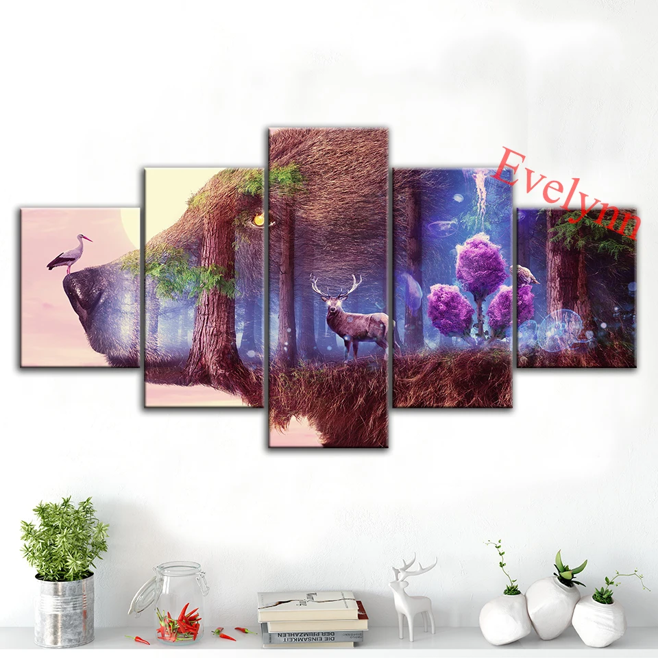 

Fantasy-Forest-Animals Deer-Bear-Nature 5 Pieces Modern Canvas Wall Art Print Modular Pictures Living Room Decor Painting Frame