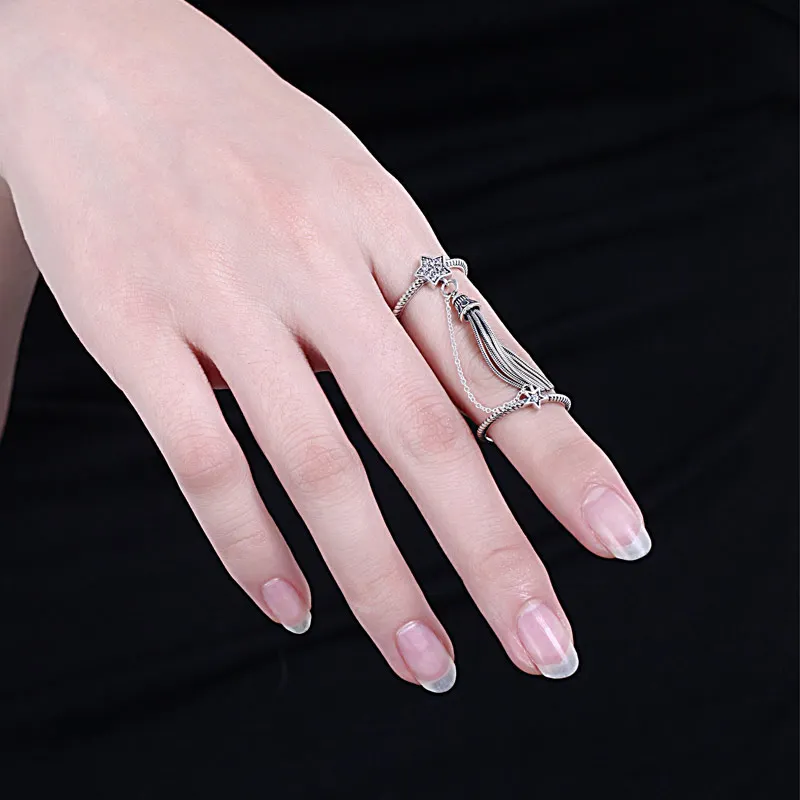 KALETINE Tassel Ring 925 Sterling Silver Rings For Women Two Stars Ring With Link Chain Crystal Stack Vintage Bohemian Jewelry
