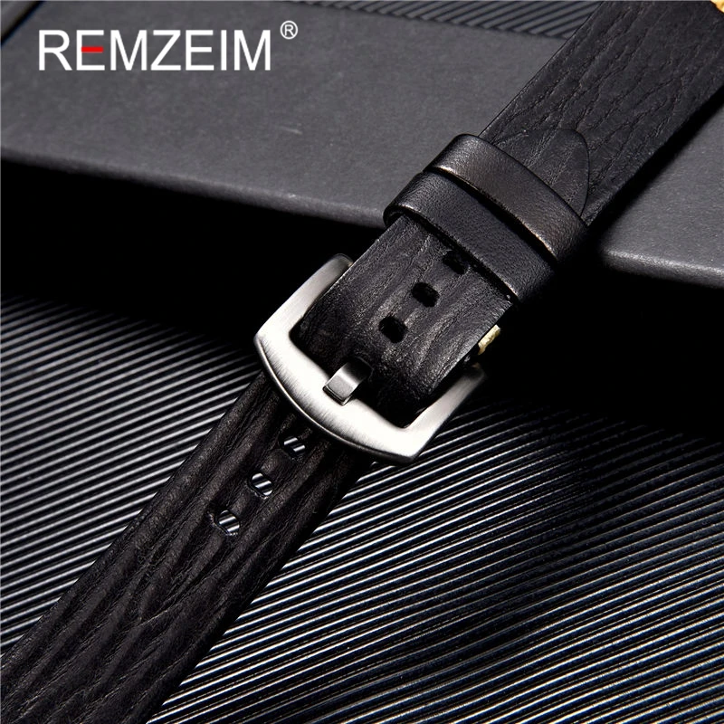 REMZEIM Wax Oil Skin Watch Straps 18mm 20mm 22mm 24mm Red Green Blue Vintage Genuine Leather Watch Band Calfskin Watch Straps