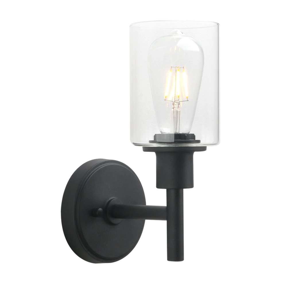 Permo  Black Wall Sconce Light 1-Light Matte Black Bathroom Vanity Light Fixture with 3.94 Inches Glass Light Shade