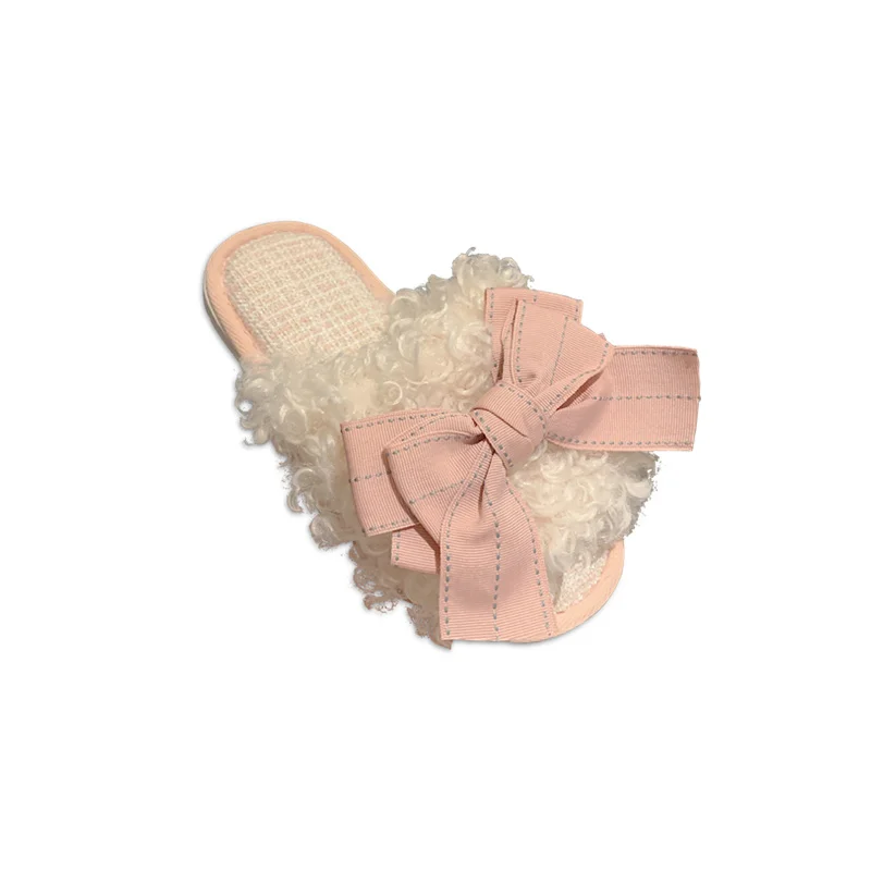 Plush Wool Slippers Female 2021 Autumn Winter Fashion Indoor Home Anti Slip Cotton Slippers Bow Slippers