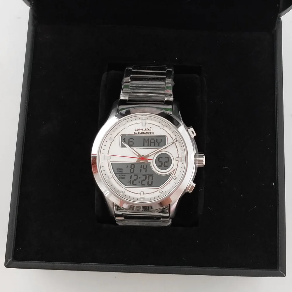 Azan Watch for Muslim Man Islamic Wrist Clock with Fajr Time Prayer Reminder Hijiri Calendar Stainless Steel Big Dual Display