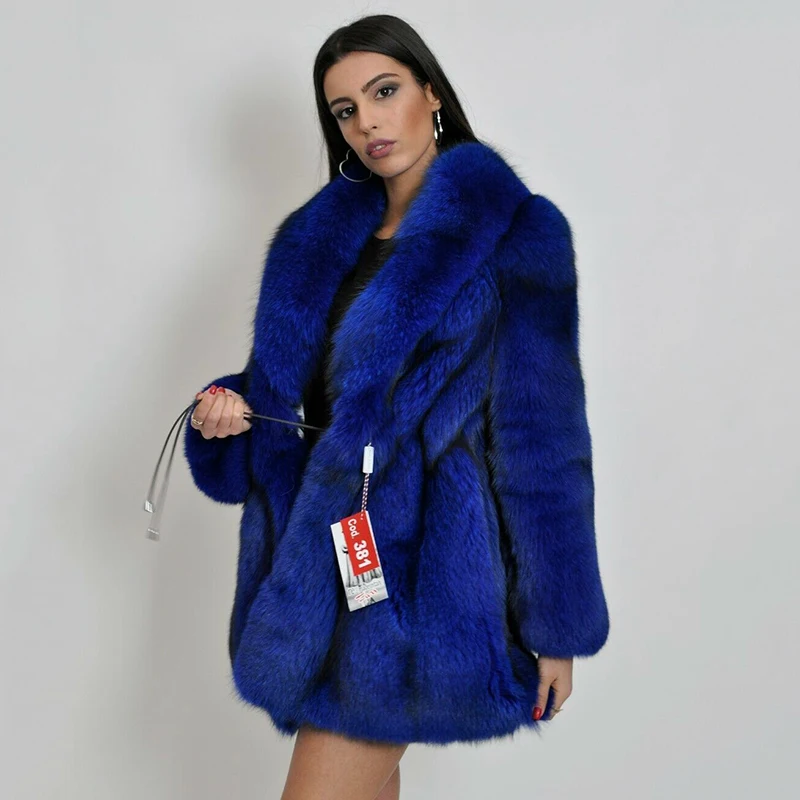 Royal Blue Real Silver Fox Fur Jacket Medium Length Women Fashion Whole Skin Fox Fur Coats Genuine Luxury Fur Overcoats Woman