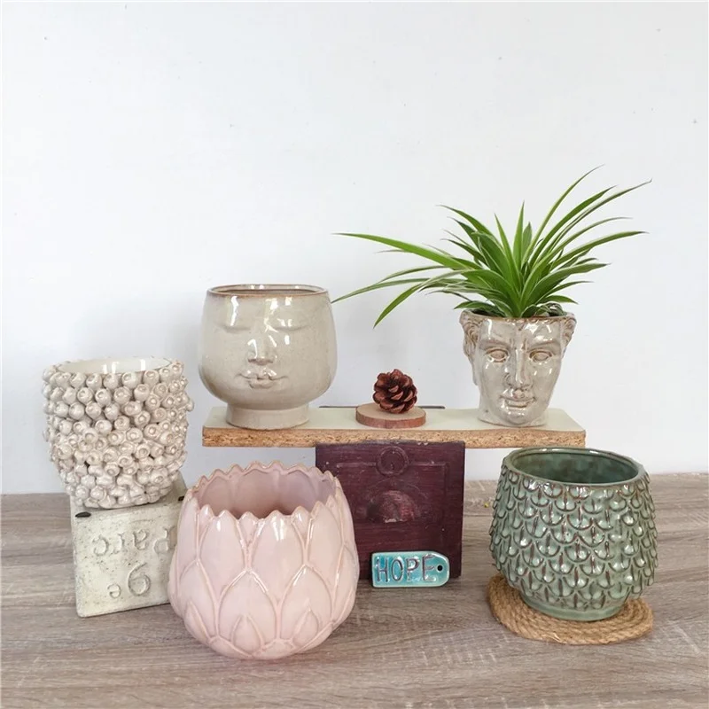 New product Lace Multi-flesh Green Porcelain Pot Little Leather Flower Pot/American Country Face Ceramic Flower Pot