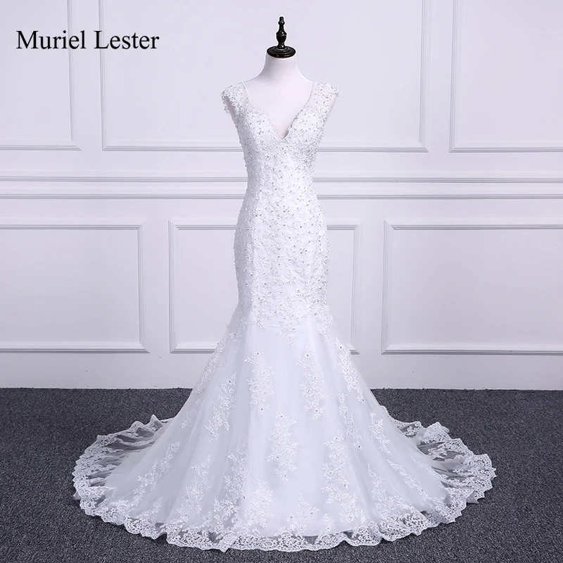 

Luxury Lace Appliques Mermaid Wedding Dresses For Bride V Neck Crystals Beaded Bridal Gowns Illusion Tulle Sweep Train Dress